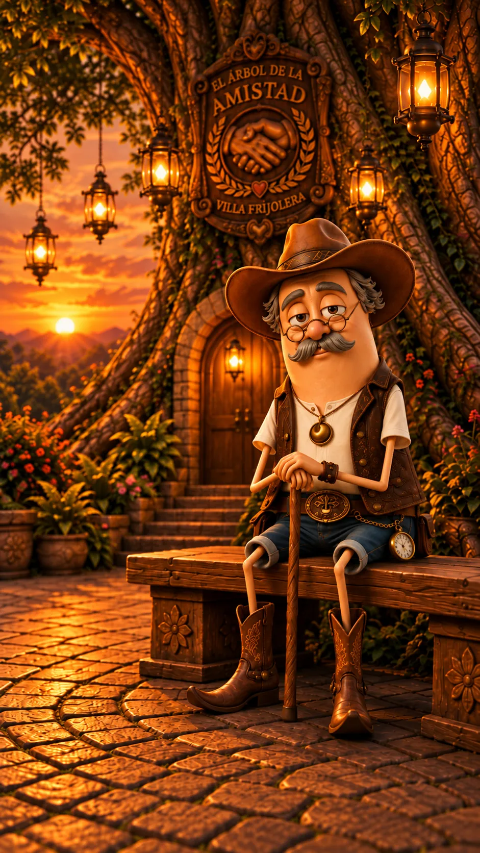 Don Garbanzo with his cane beneath the Friendship Tree at sunset